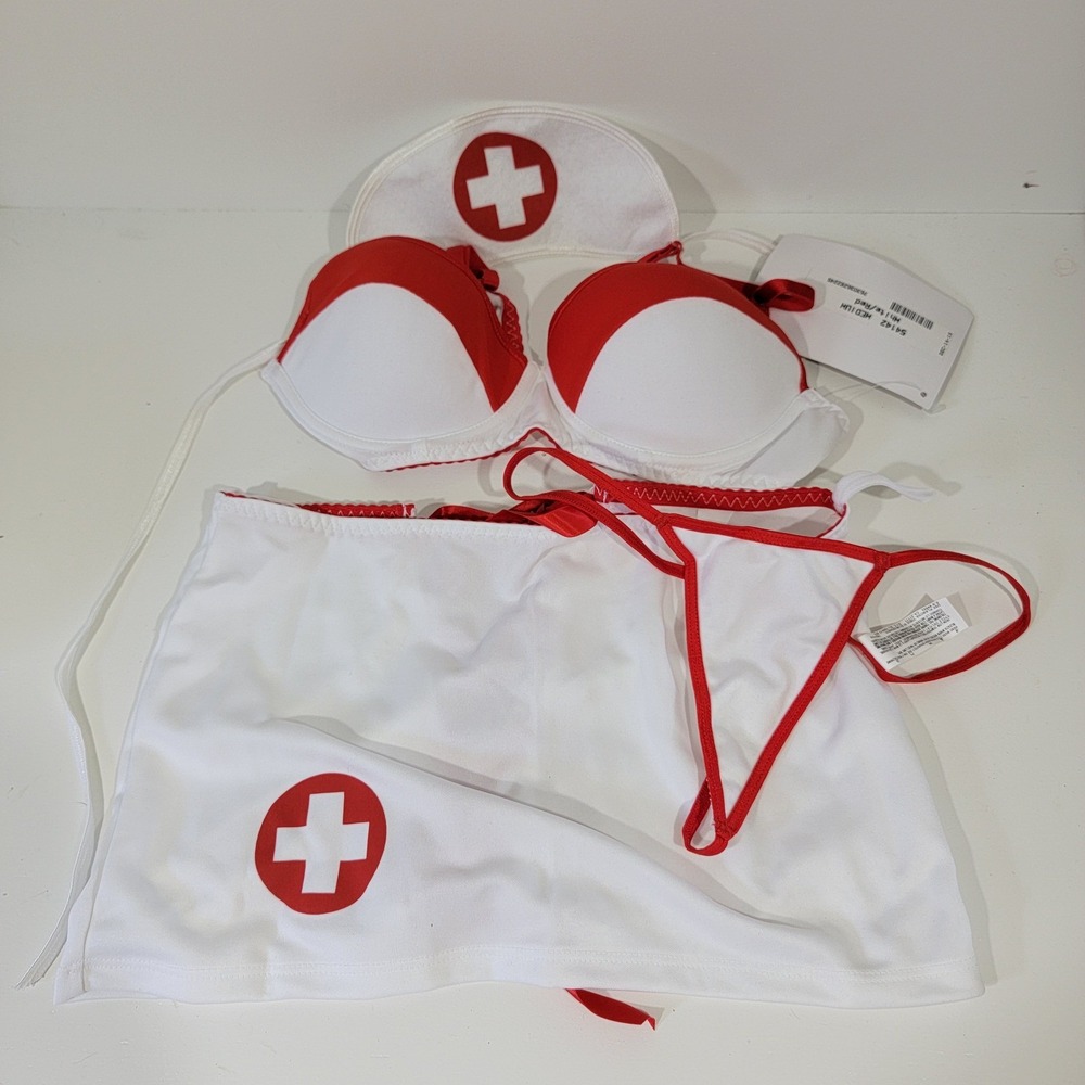 Escante Women Nurse Costume Set White Red Bra Skirt Hat 54142 Medium
